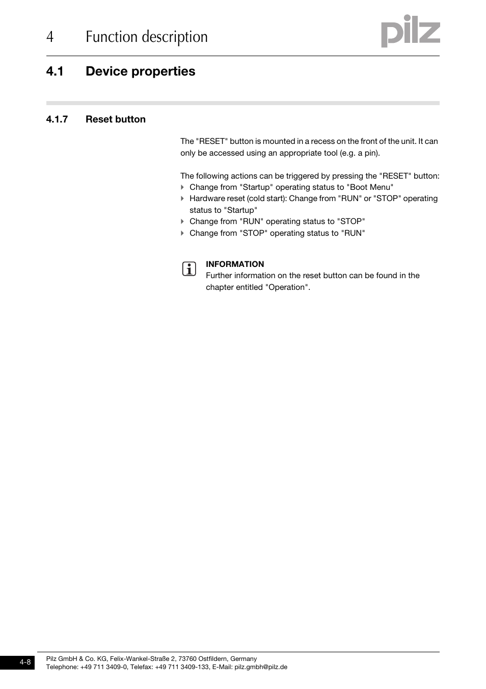 Reset button, 4function description, 1 device properties | Pilz PMCprimo DriveP.01/AA0/4/0/0/208-480VAC User Manual | Page 26 / 73