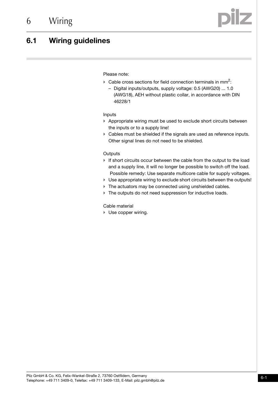 Wiring, Wiring guidelines, 6wiring | 1 wiring guidelines | Pilz PMCprimo DriveP.01/AA0/4/0/0/208-480VAC User Manual | Page 33 / 73