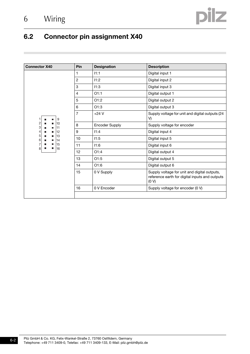 Connector pin assignment x40, 6wiring, 2 connector pin assignment x40 | Pilz PMCprimo DriveP.01/AA0/4/0/0/208-480VAC User Manual | Page 34 / 73