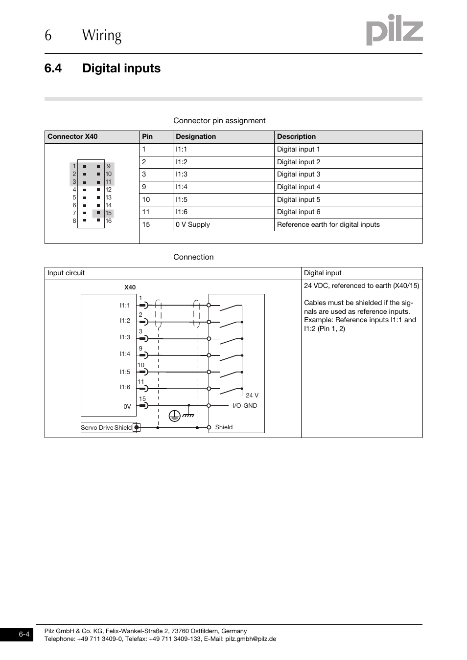 Digital inputs, 6wiring, 4 digital inputs | Pilz PMCprimo DriveP.01/AA0/4/0/0/208-480VAC User Manual | Page 36 / 73