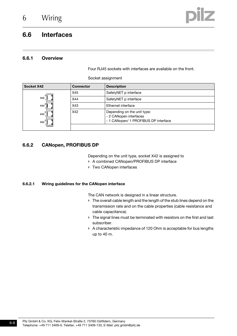 Interfaces, Overview, Canopen, profibus dp | Wiring guidelines for the canopen interface, 6wiring, 6 interfaces, 1 overview, 2 canopen, profibus dp | Pilz PMCprimo DriveP.01/AA0/4/0/0/208-480VAC User Manual | Page 38 / 73