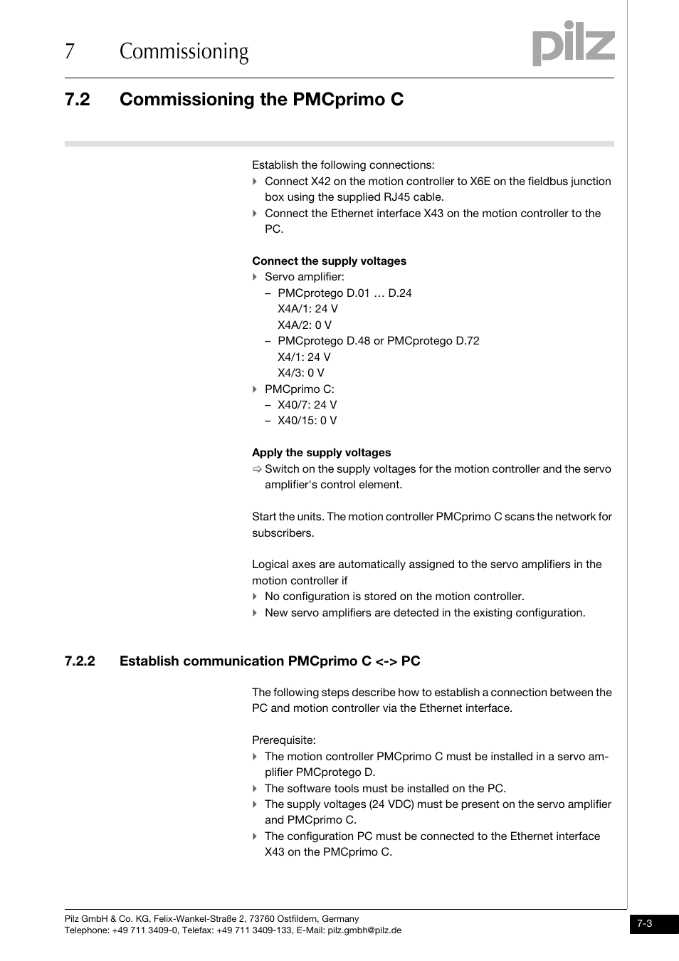 Establish communication pmcprimo c <-> pc, 7commissioning, 2 commissioning the pmcprimo c | 2 establish communication pmcprimo c <-> pc | Pilz PMCprimo DriveP.01/AA0/4/0/0/208-480VAC User Manual | Page 47 / 73