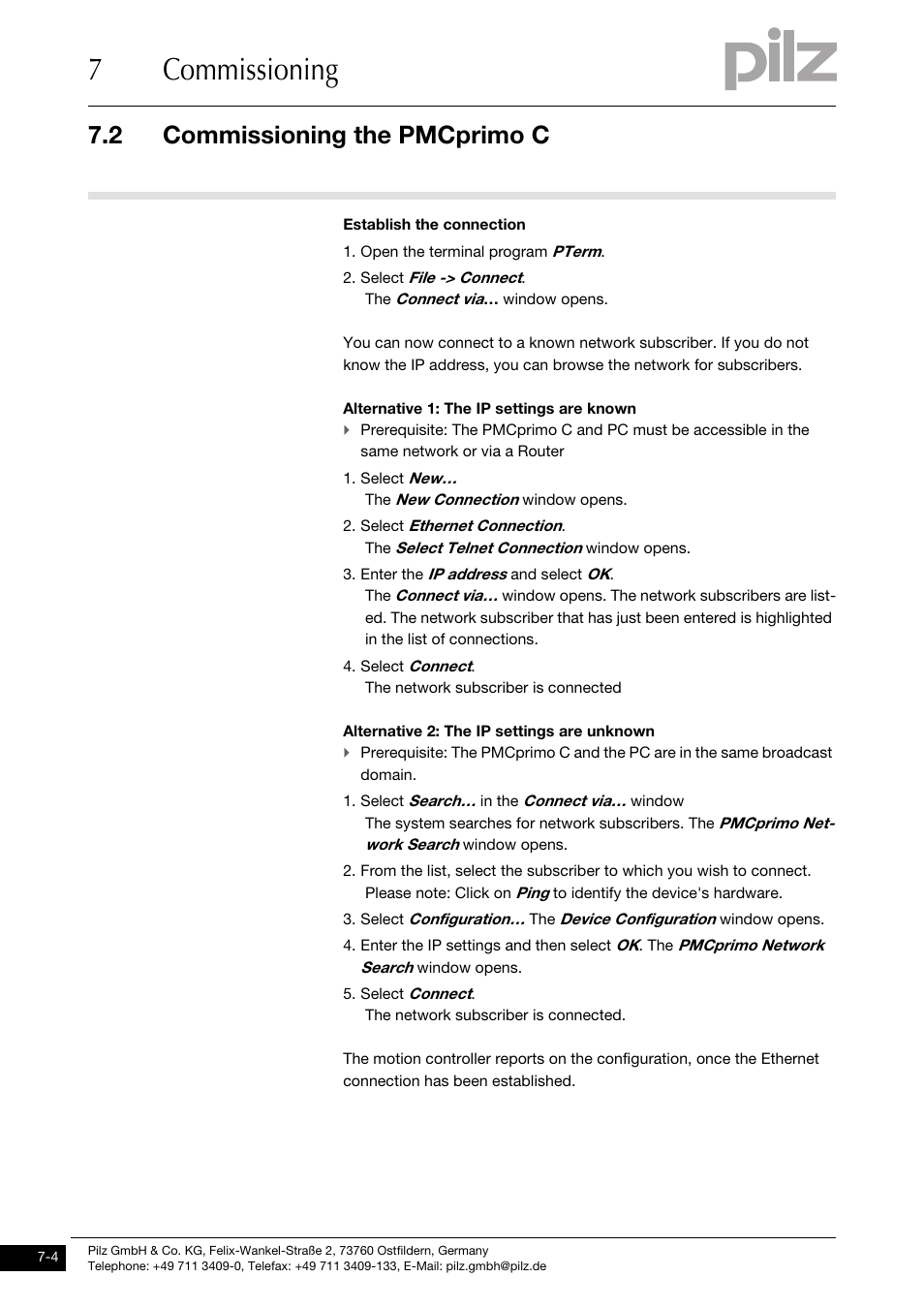 7commissioning, 2 commissioning the pmcprimo c | Pilz PMCprimo DriveP.01/AA0/4/0/0/208-480VAC User Manual | Page 48 / 73