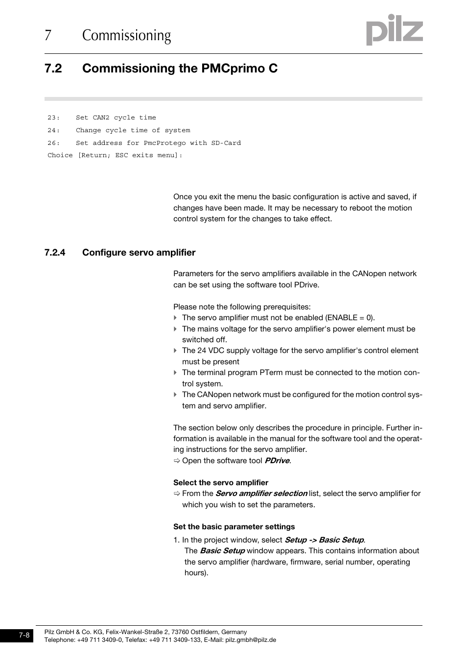 Configure servo amplifier, 7commissioning, 2 commissioning the pmcprimo c | 4 configure servo amplifier | Pilz PMCprimo DriveP.01/AA0/4/0/0/208-480VAC User Manual | Page 52 / 73