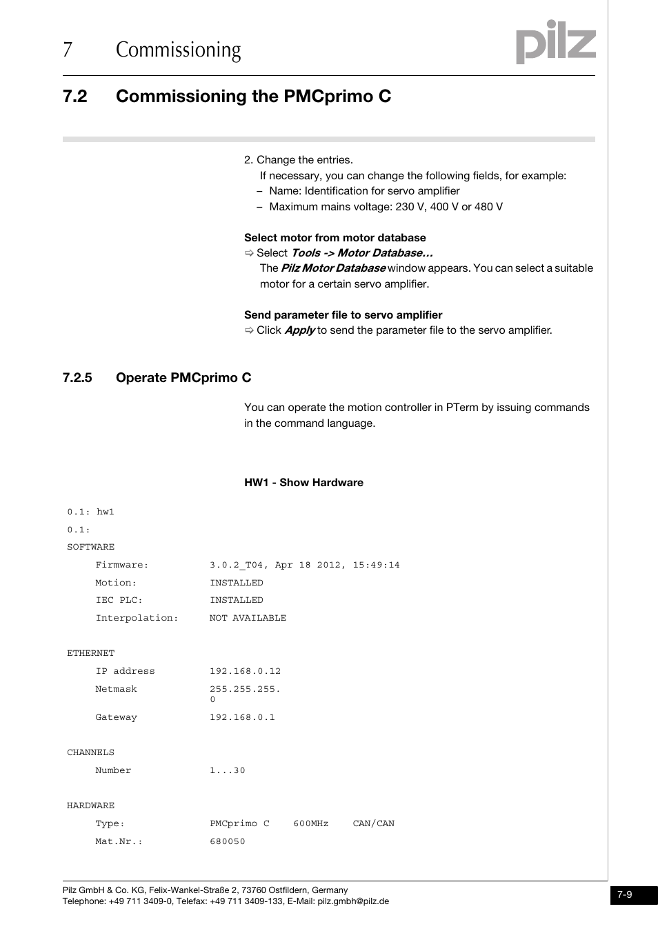 Operate pmcprimo c, 7commissioning, 2 commissioning the pmcprimo c | 5 operate pmcprimo c | Pilz PMCprimo DriveP.01/AA0/4/0/0/208-480VAC User Manual | Page 53 / 73