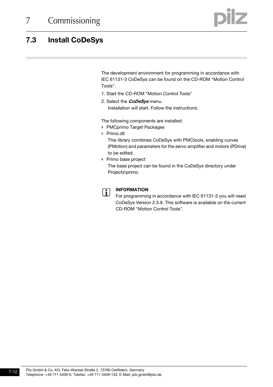 Install codesys, 7commissioning, 3 install codesys | Pilz PMCprimo DriveP.01/AA0/4/0/0/208-480VAC User Manual | Page 56 / 73