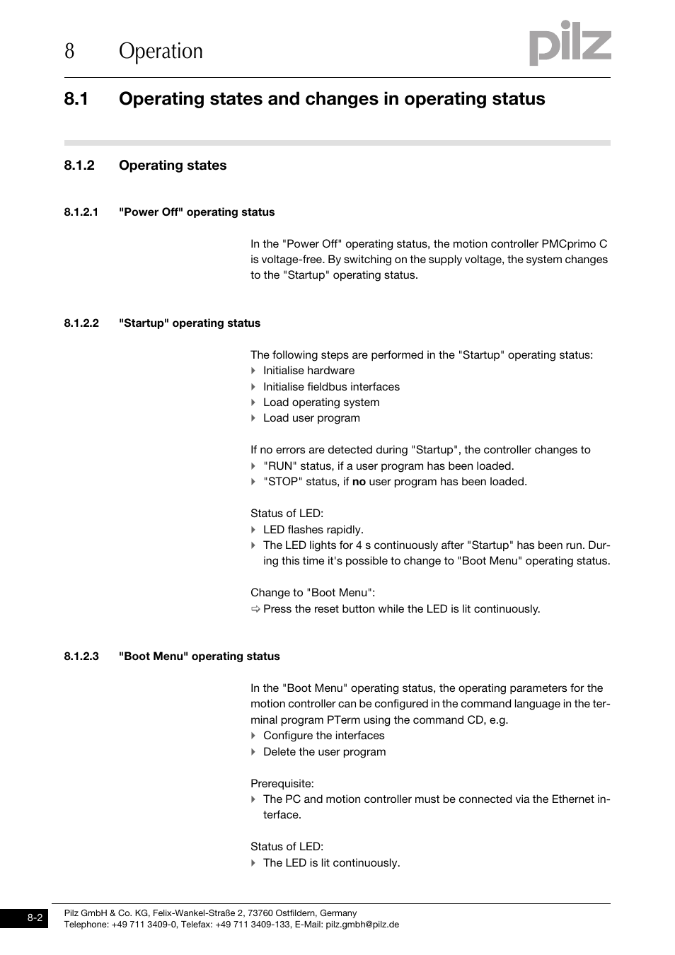 Operating states, Power off" operating status, Startup" operating status | Boot menu" operating status, 8operation, 1 operating states and changes in operating status, 2 operating states | Pilz PMCprimo DriveP.01/AA0/4/0/0/208-480VAC User Manual | Page 58 / 73