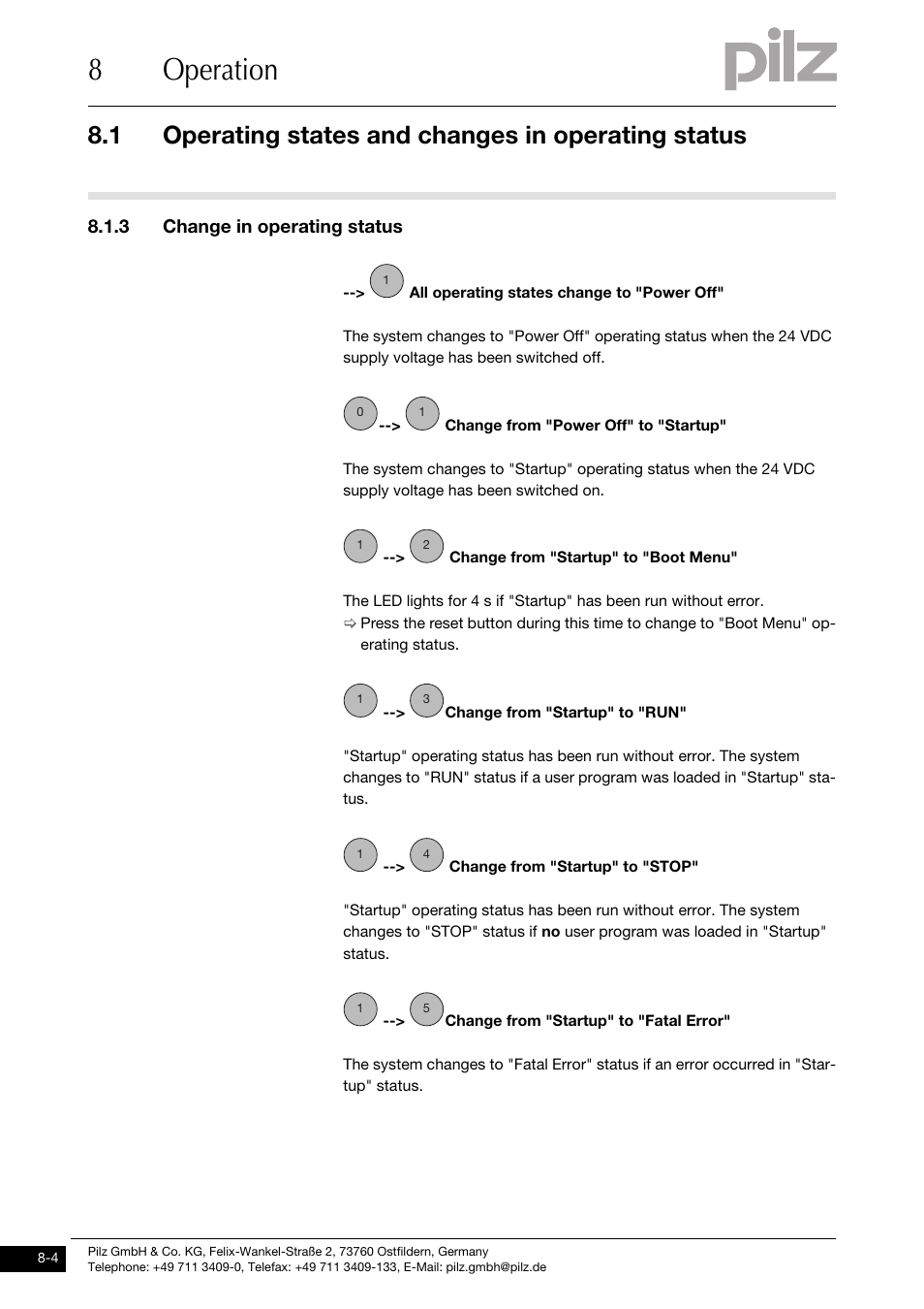 Change in operating status, 8operation, 1 operating states and changes in operating status | 3 change in operating status | Pilz PMCprimo DriveP.01/AA0/4/0/0/208-480VAC User Manual | Page 60 / 73