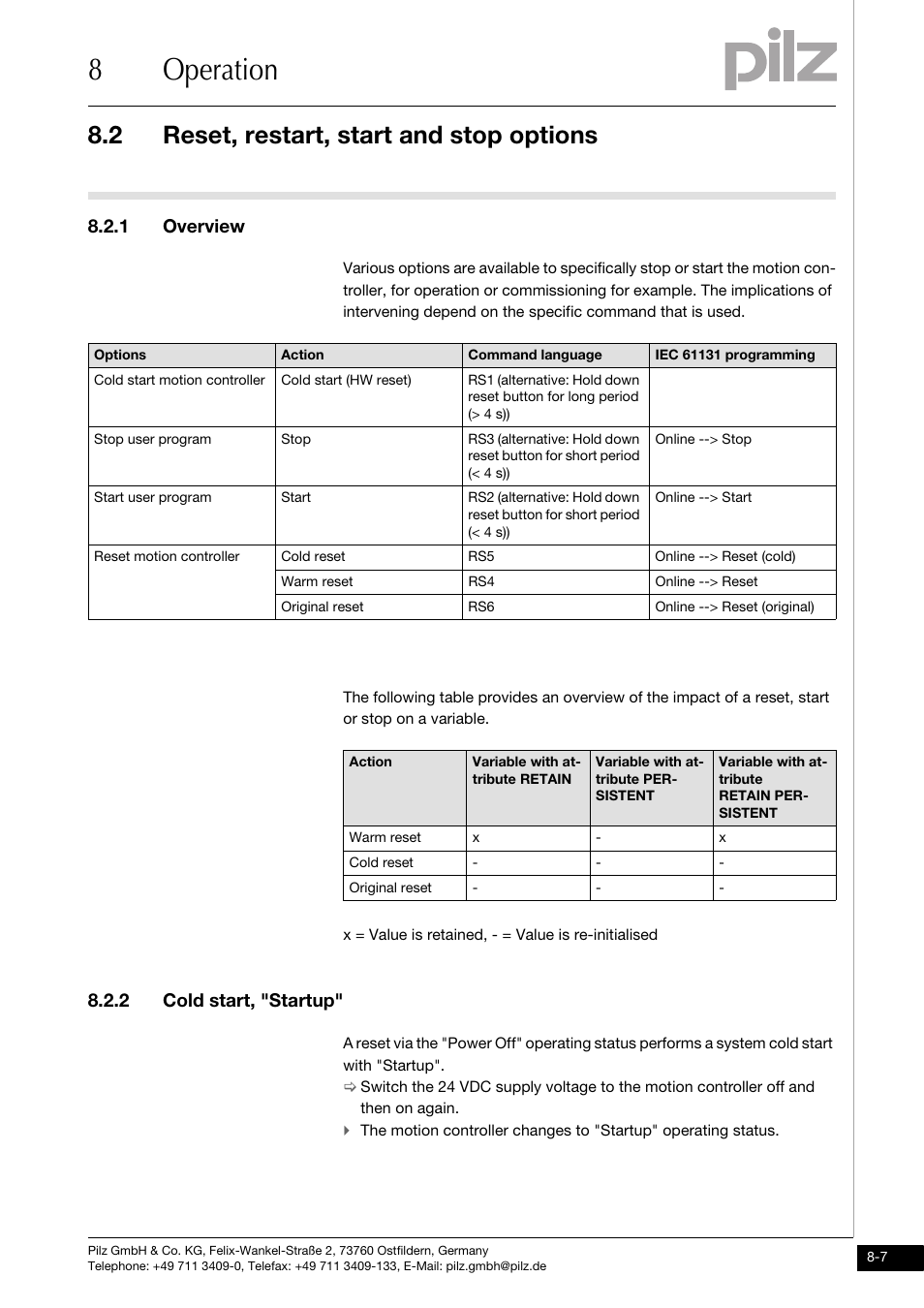 Reset, restart, start and stop options, Overview, Cold start, "startup | 8operation, 2 reset, restart, start and stop options, 1 overview, 2 cold start, "startup | Pilz PMCprimo DriveP.01/AA0/4/0/0/208-480VAC User Manual | Page 63 / 73