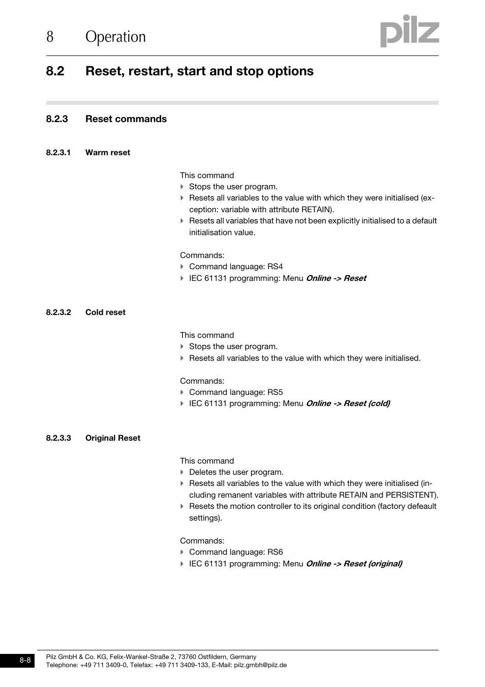 Reset commands, Warm reset, Cold reset | Original reset, 8operation, 2 reset, restart, start and stop options, 3 reset commands | Pilz PMCprimo DriveP.01/AA0/4/0/0/208-480VAC User Manual | Page 64 / 73