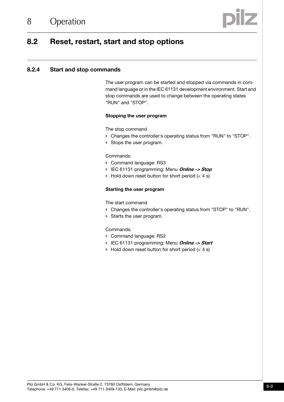 Start and stop commands, 8operation, 2 reset, restart, start and stop options | 4 start and stop commands | Pilz PMCprimo DriveP.01/AA0/4/0/0/208-480VAC User Manual | Page 65 / 73