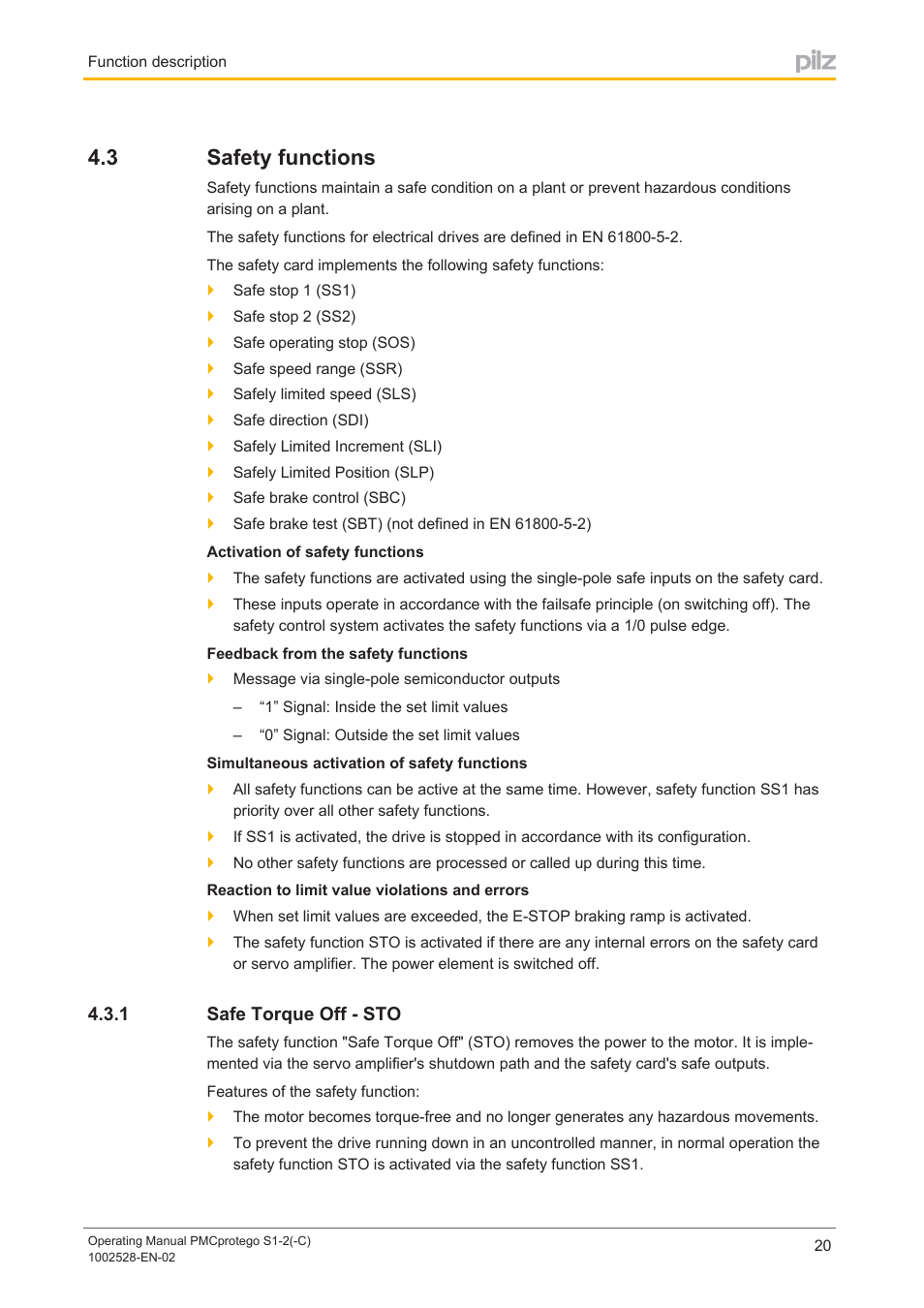 3 safety functions, 1 safe torque off - sto, Safety functions | Safe torque off ­ sto | Pilz PMCprimo DriveP.01/AA0/4/0/0/208-480VAC User Manual | Page 20 / 93