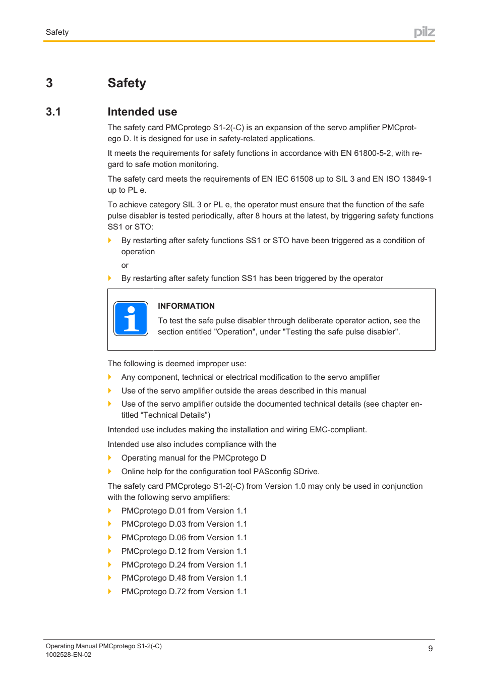 3 safety, 1 intended use, Section 3 | Safety, Intended use, 3safety | Pilz PMCprimo DriveP.01/AA0/4/0/0/208-480VAC User Manual | Page 9 / 93