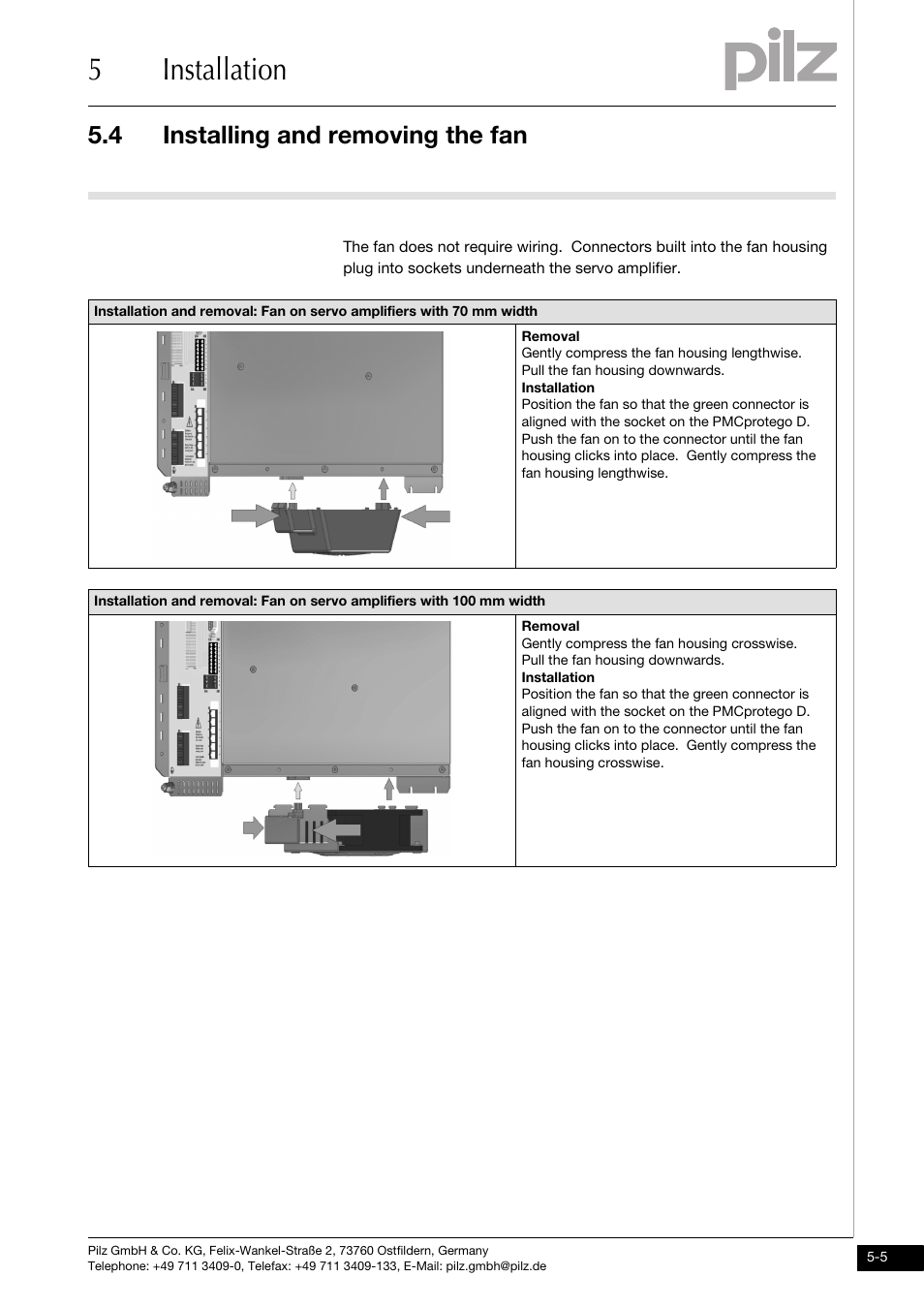 Installing and removing the fan, 5installation, 4 installing and removing the fan | Pilz PMCprimo DriveP.01/AA0/4/0/0/208-480VAC User Manual | Page 101 / 220