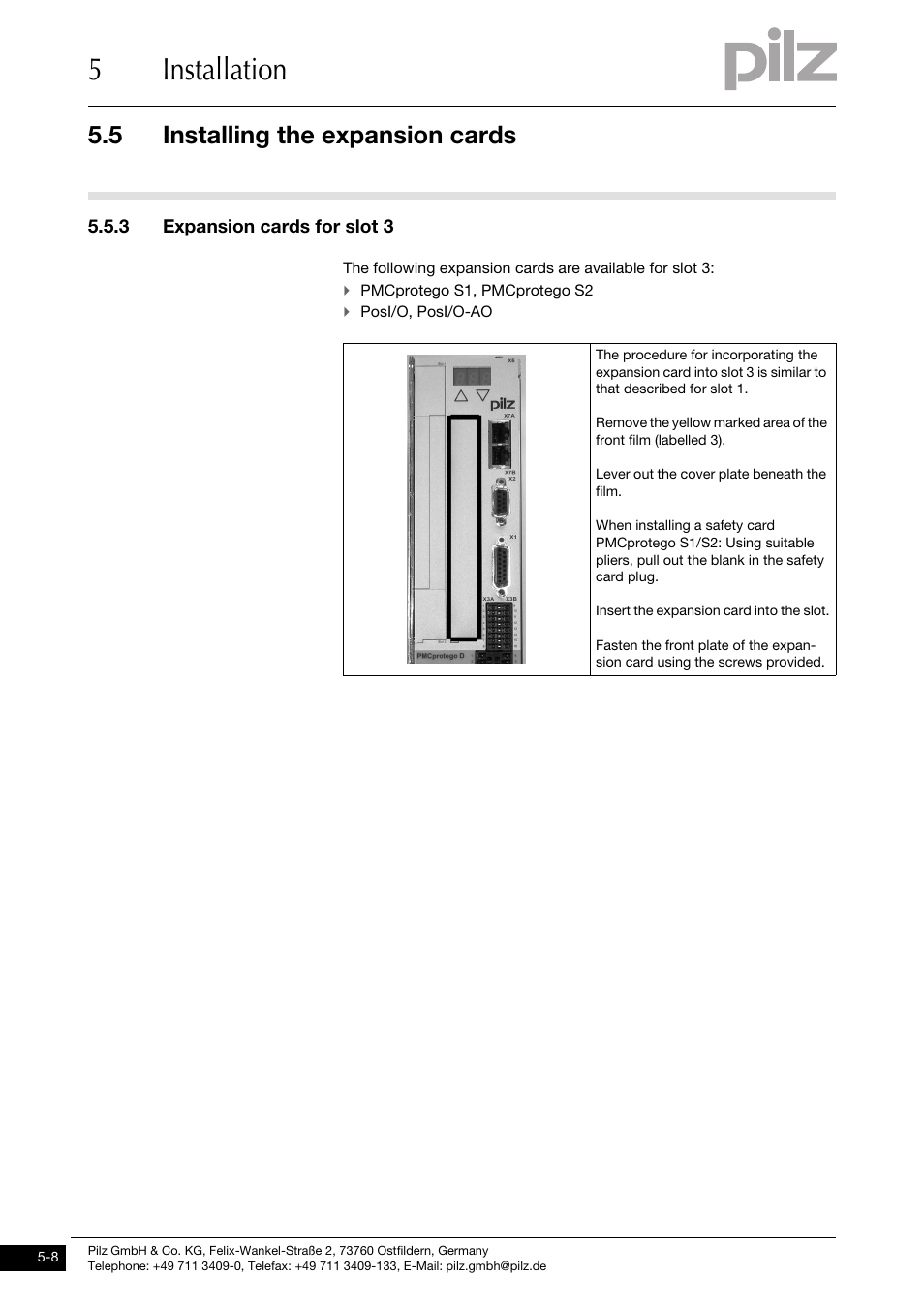 3 expansion cards for slot 3, 5installation, 5 installing the expansion cards | Pilz PMCprimo DriveP.01/AA0/4/0/0/208-480VAC User Manual | Page 104 / 220