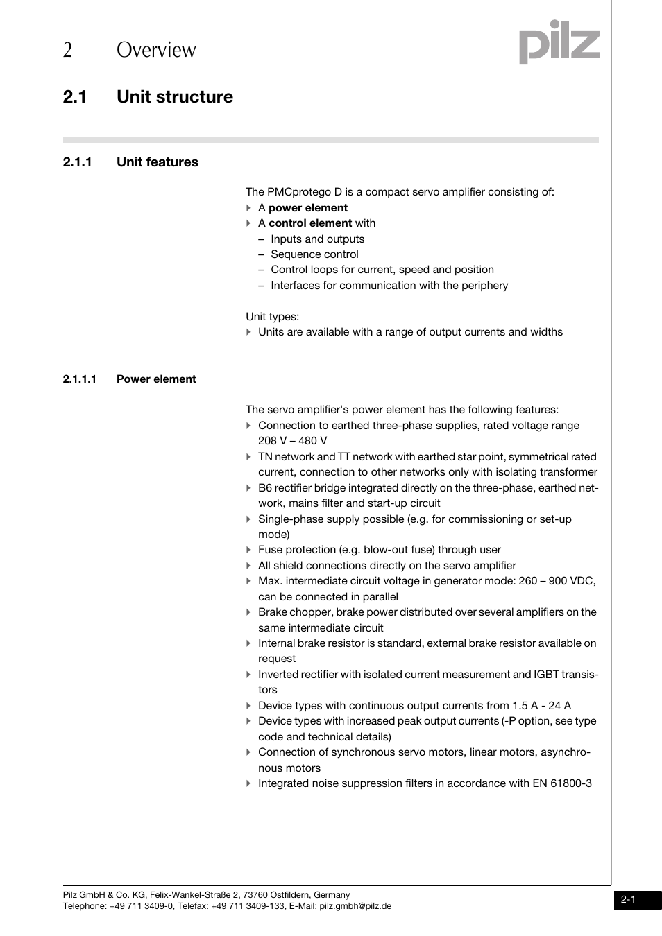 Overview, Unit structure, 1 unit features | 1 power element, 2overview, 1 unit structure | Pilz PMCprimo DriveP.01/AA0/4/0/0/208-480VAC User Manual | Page 13 / 220