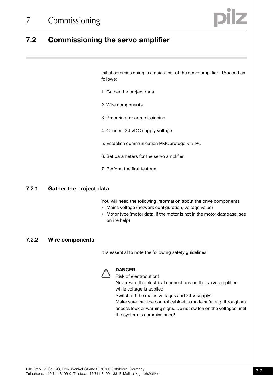 Commissioning the servo amplifier, 1 gather the project data, 2 wire components | 7commissioning, 2 commissioning the servo amplifier | Pilz PMCprimo DriveP.01/AA0/4/0/0/208-480VAC User Manual | Page 175 / 220