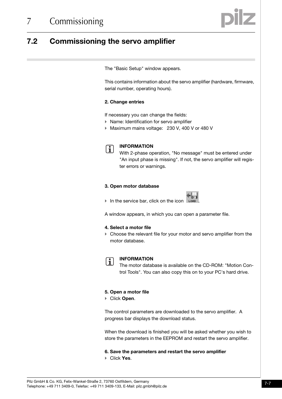 7commissioning, 2 commissioning the servo amplifier | Pilz PMCprimo DriveP.01/AA0/4/0/0/208-480VAC User Manual | Page 179 / 220