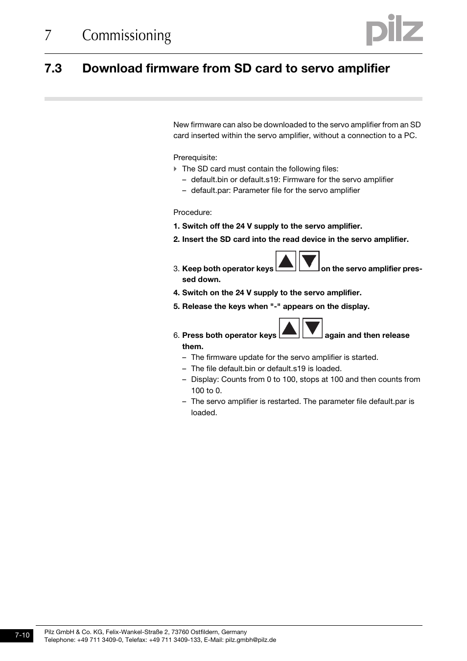 Download firmware from sd card to servo amplifier, 7commissioning | Pilz PMCprimo DriveP.01/AA0/4/0/0/208-480VAC User Manual | Page 182 / 220