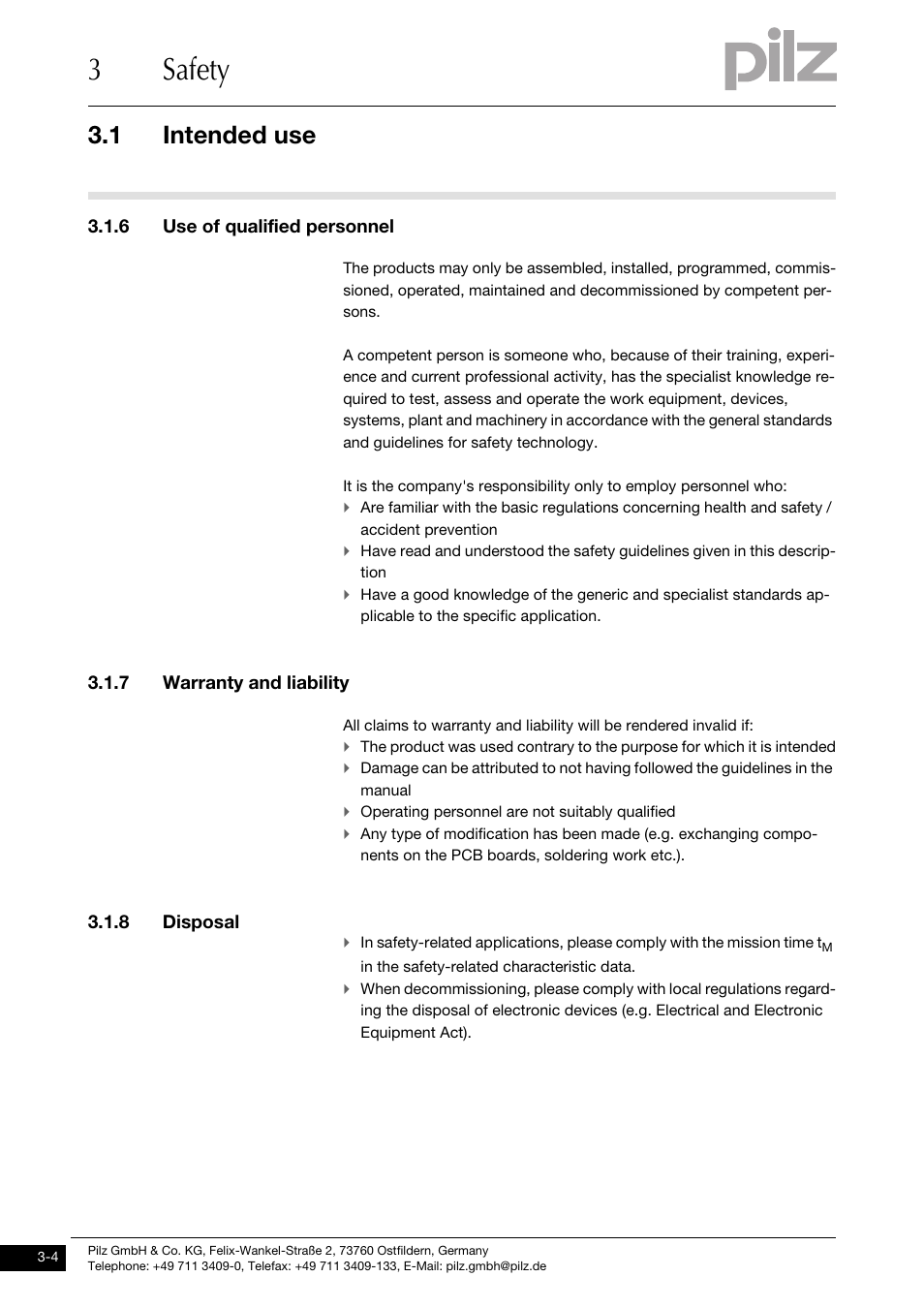 6 use of qualified personnel, 7 warranty and liability, 8 disposal | 3safety, 1 intended use | Pilz PMCprimo DriveP.01/AA0/4/0/0/208-480VAC User Manual | Page 26 / 220