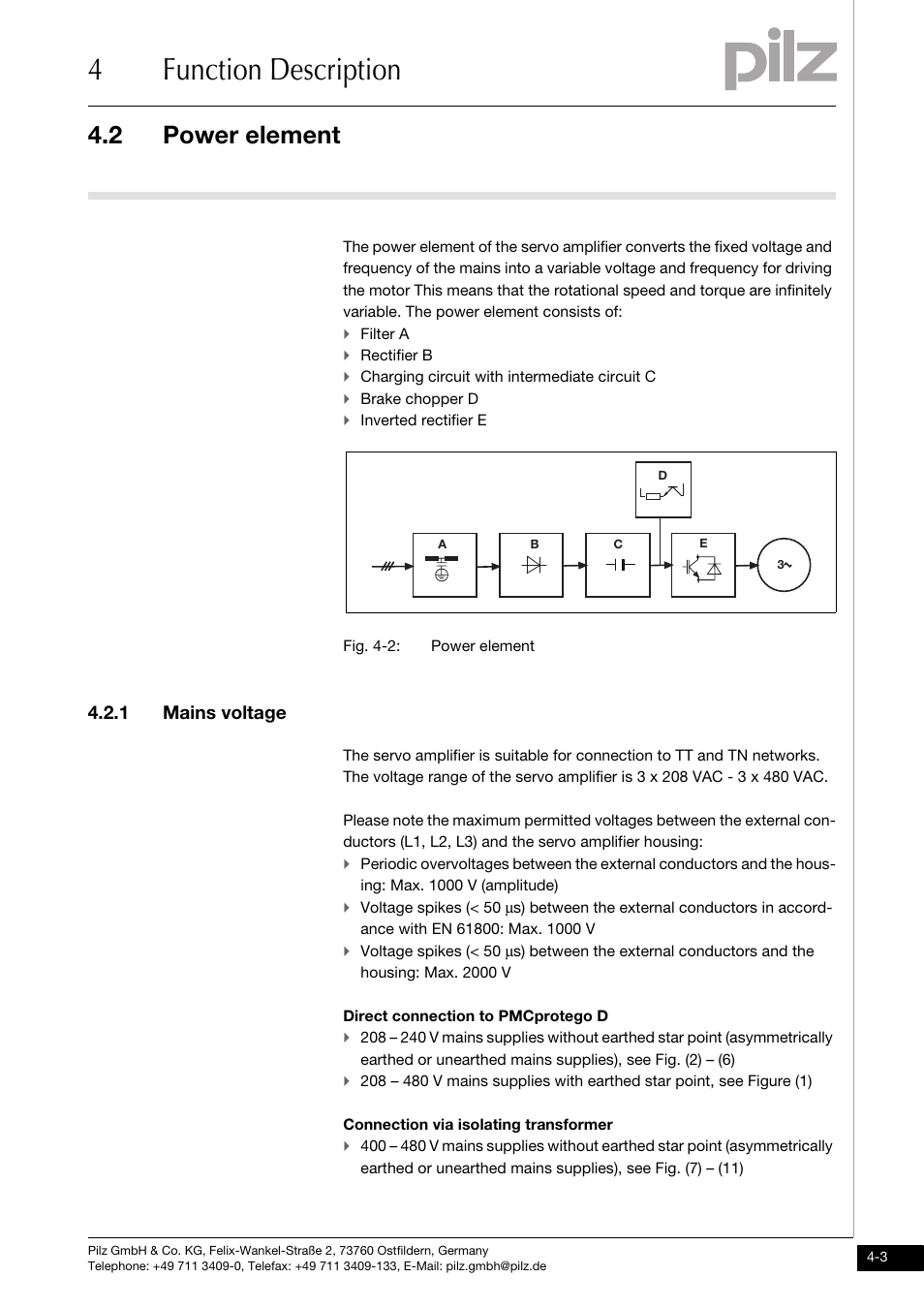 Power element, 1 mains voltage, 4function description | 2 power element | Pilz PMCprimo DriveP.01/AA0/4/0/0/208-480VAC User Manual | Page 35 / 220