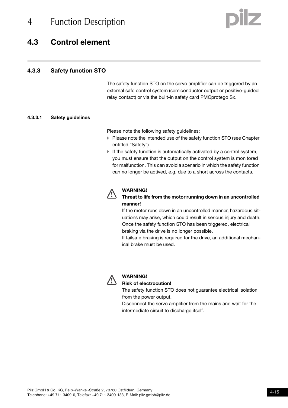 3 safety function sto, 1 safety guidelines, 4function description | 3 control element | Pilz PMCprimo DriveP.01/AA0/4/0/0/208-480VAC User Manual | Page 47 / 220