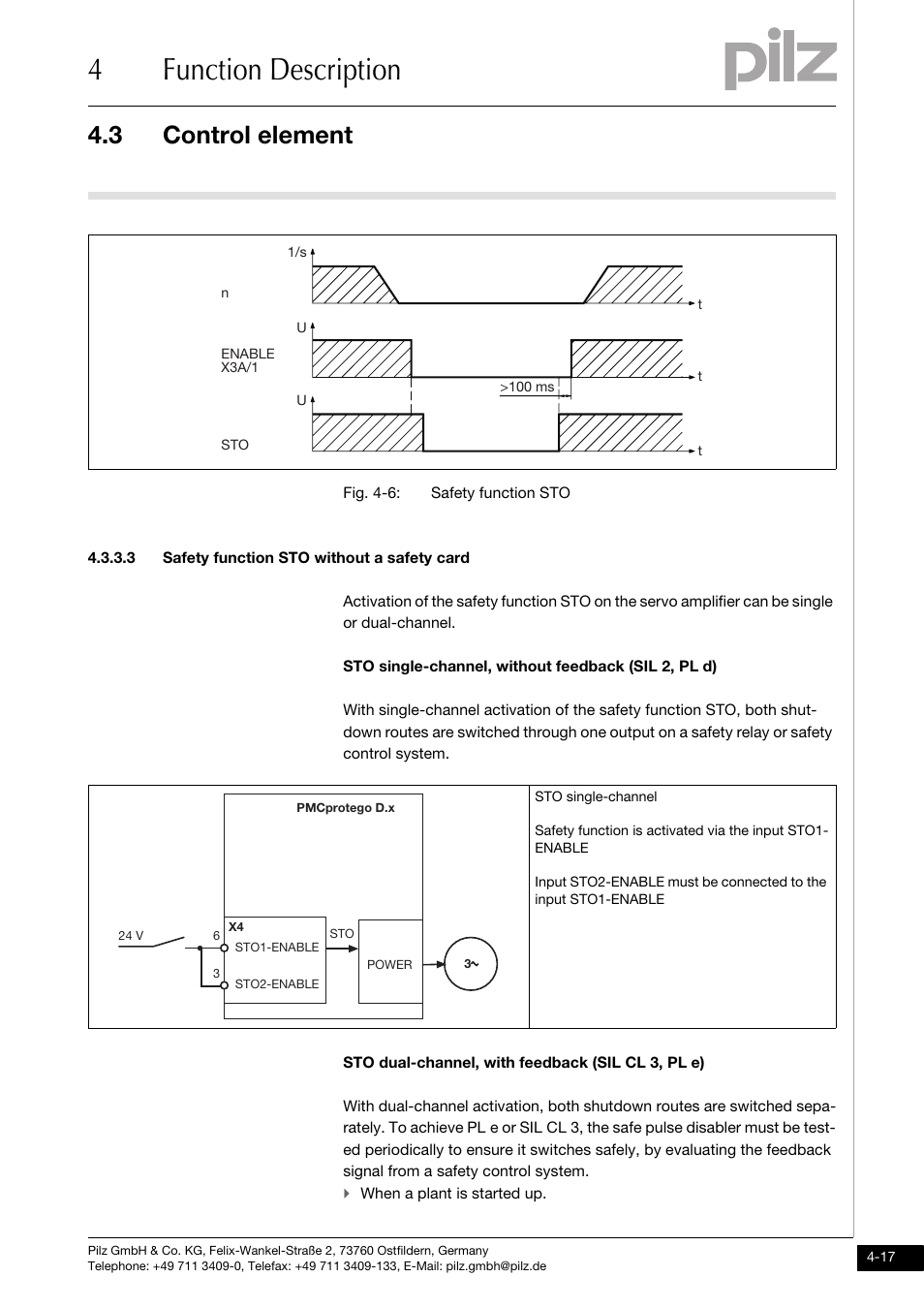 3 safety function sto without a safety card, 4function description, 3 control element | Pilz PMCprimo DriveP.01/AA0/4/0/0/208-480VAC User Manual | Page 49 / 220