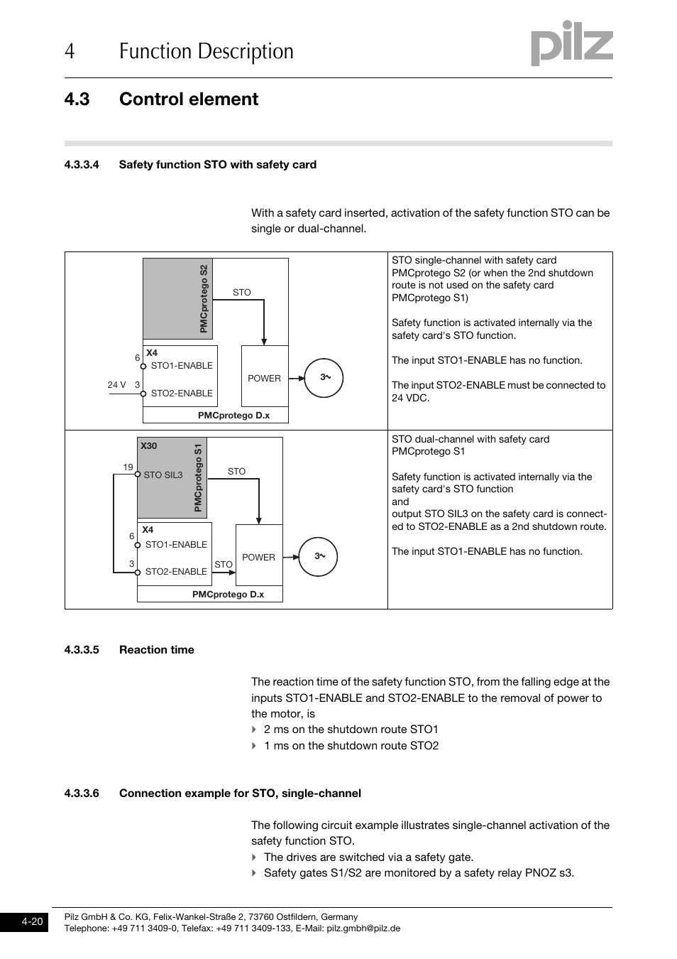 4 safety function sto with safety card, 5 reaction time, 6 connection example for sto, single-channel | 4function description, 3 control element | Pilz PMCprimo DriveP.01/AA0/4/0/0/208-480VAC User Manual | Page 52 / 220