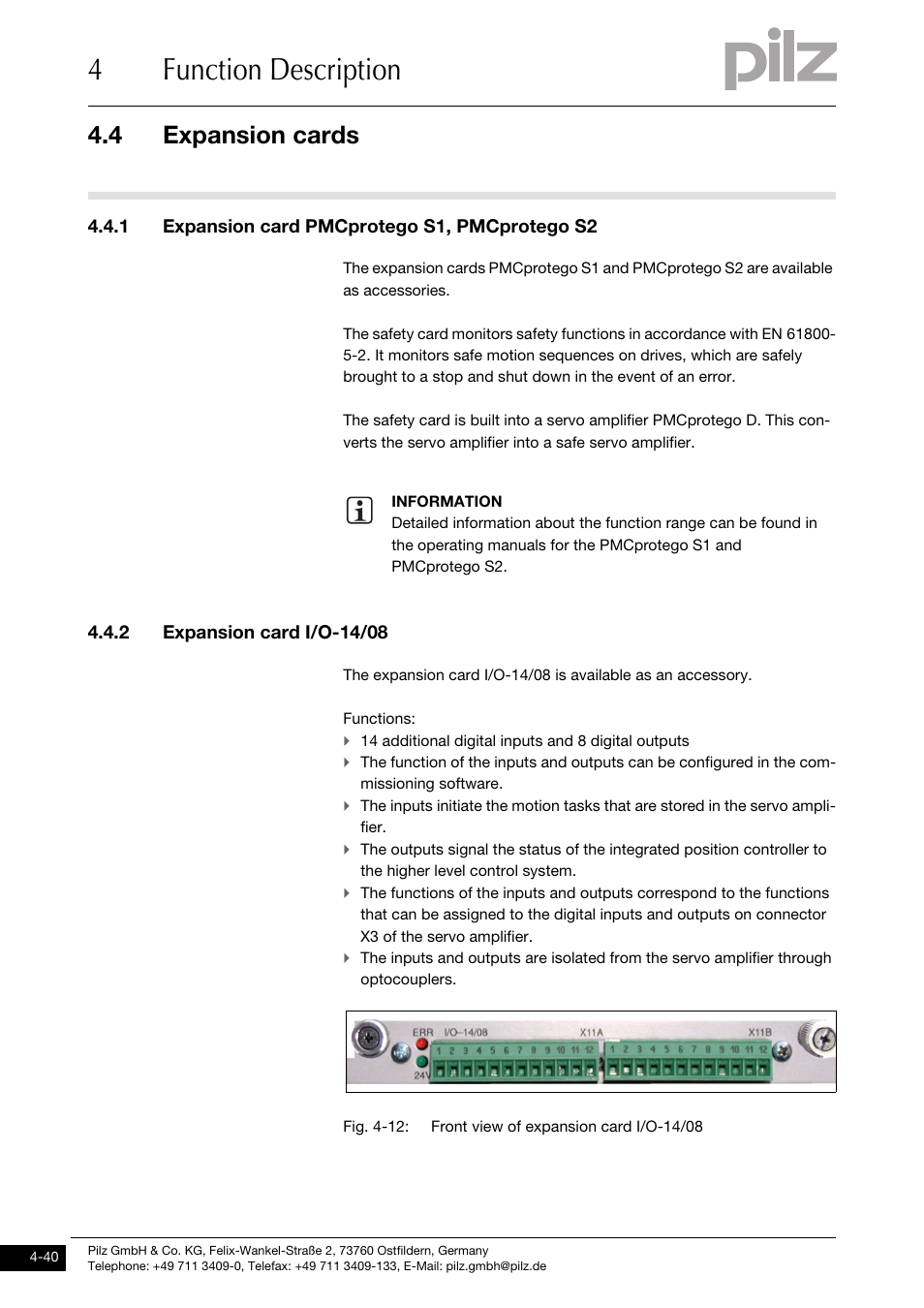 Expansion cards, 1 expansion card pmcprotego s1, pmcprotego s2, 2 expansion card i/o-14/08 | 4function description, 4 expansion cards | Pilz PMCprimo DriveP.01/AA0/4/0/0/208-480VAC User Manual | Page 72 / 220