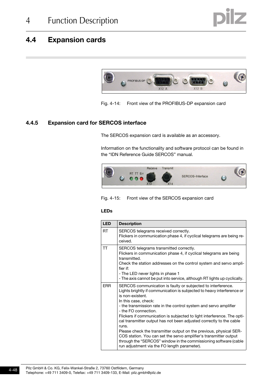 5 expansion card for sercos interface, 4function description, 4 expansion cards | Pilz PMCprimo DriveP.01/AA0/4/0/0/208-480VAC User Manual | Page 80 / 220