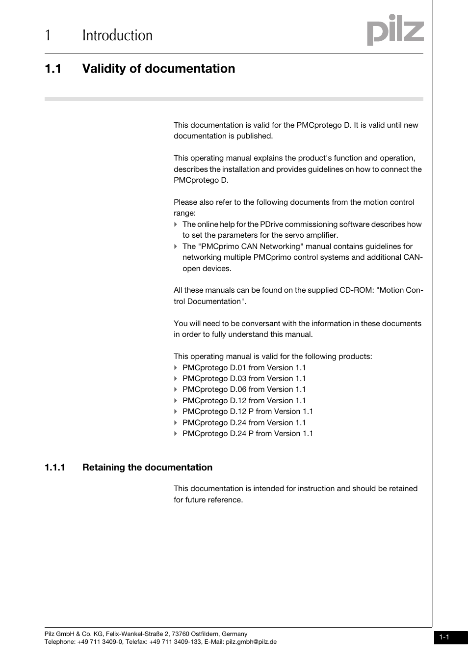 Introduction, Validity of documentation, 1 retaining the documentation | 1introduction, 1 validity of documentation | Pilz PMCprimo DriveP.01/AA0/4/0/0/208-480VAC User Manual | Page 9 / 220