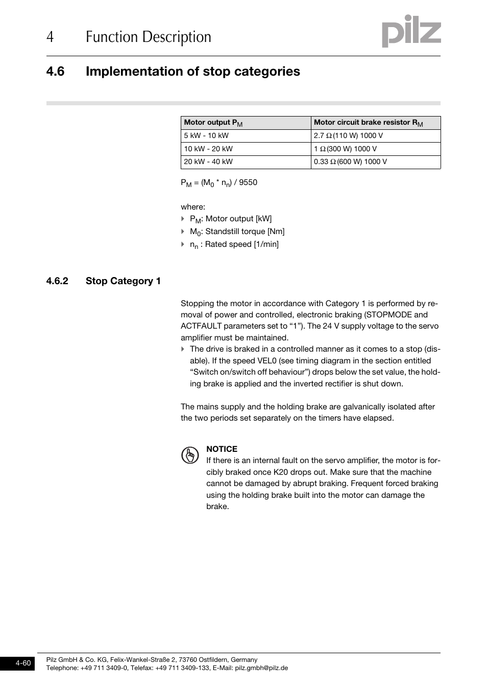 2 stop category 1, 4function description, 6 implementation of stop categories | Pilz PMCprimo DriveP.01/AA0/4/0/0/208-480VAC User Manual | Page 92 / 220