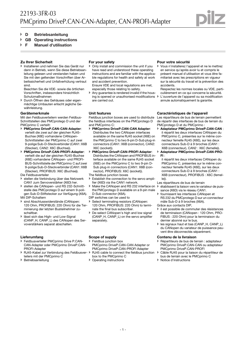 Pilz PMCprimo DriveP.01/AA0/4/0/0/208-480VAC User Manual | 4 pages