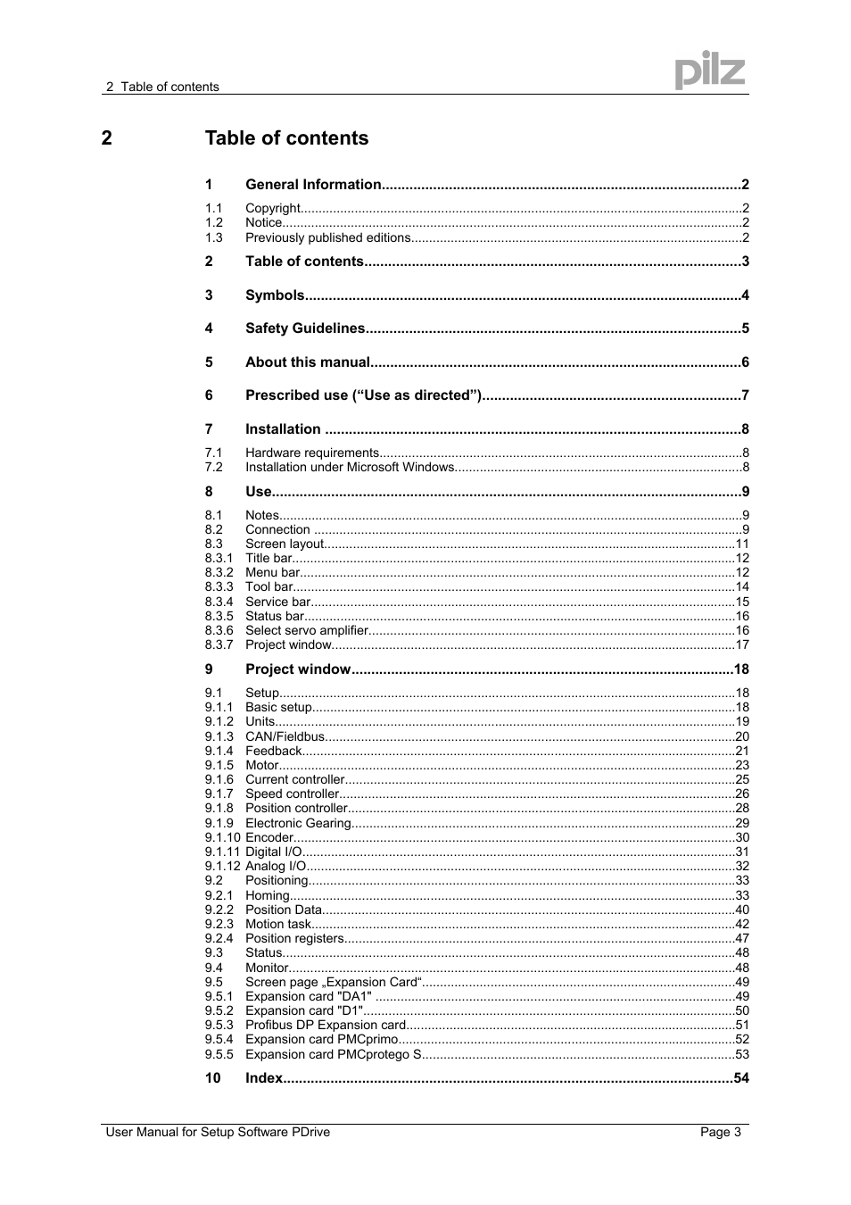 2table of contents | Pilz PMCprimo DriveP.12/AA0/4/0/0/208-480VAC User Manual | Page 3 / 57