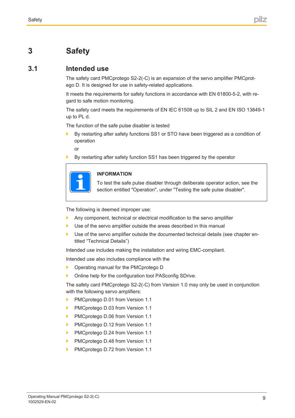 3 safety, 1 intended use, Section 3 | Safety, Intended use, 3safety | Pilz PMCprimo DriveP.06/AA0/4/0/0/208-480VAC User Manual | Page 9 / 76