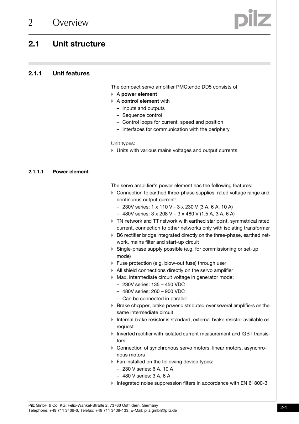 2 overview, Unit structure, 1 unit features | 1 power element, 2overview, 1 unit structure | Pilz PMCtendo DD5.03/000/0/0/0/110-230VAC User Manual | Page 11 / 209