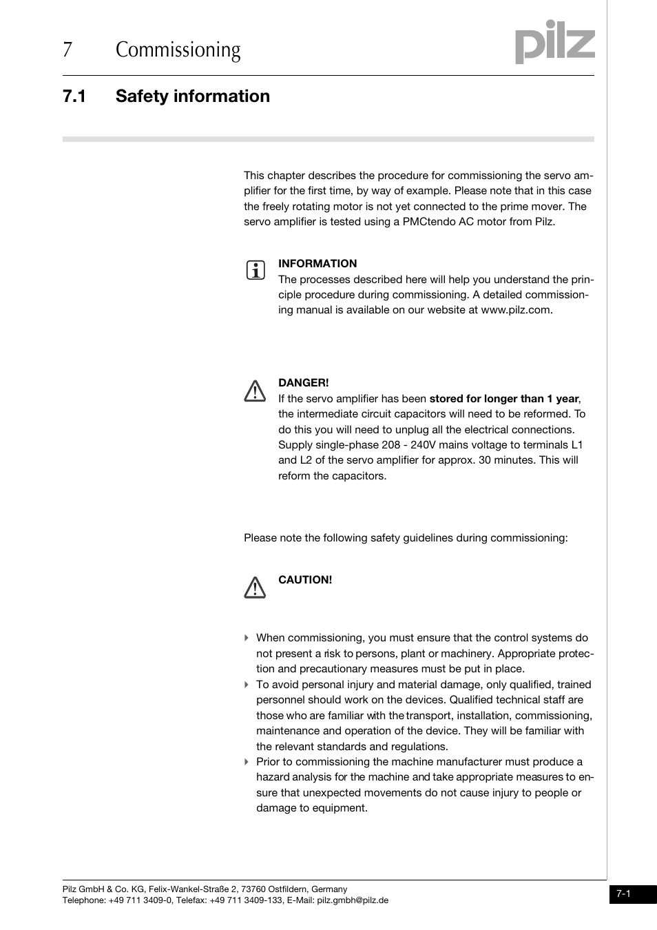 7 commissioning, Safety information, 7commissioning | 1 safety information | Pilz PMCtendo DD5.03/000/0/0/0/110-230VAC User Manual | Page 157 / 209