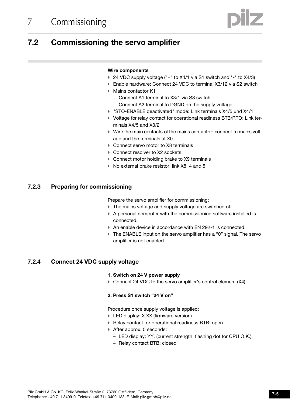 3 preparing for commissioning, 4 connect 24 vdc supply voltage, 7commissioning | 2 commissioning the servo amplifier | Pilz PMCtendo DD5.03/000/0/0/0/110-230VAC User Manual | Page 161 / 209