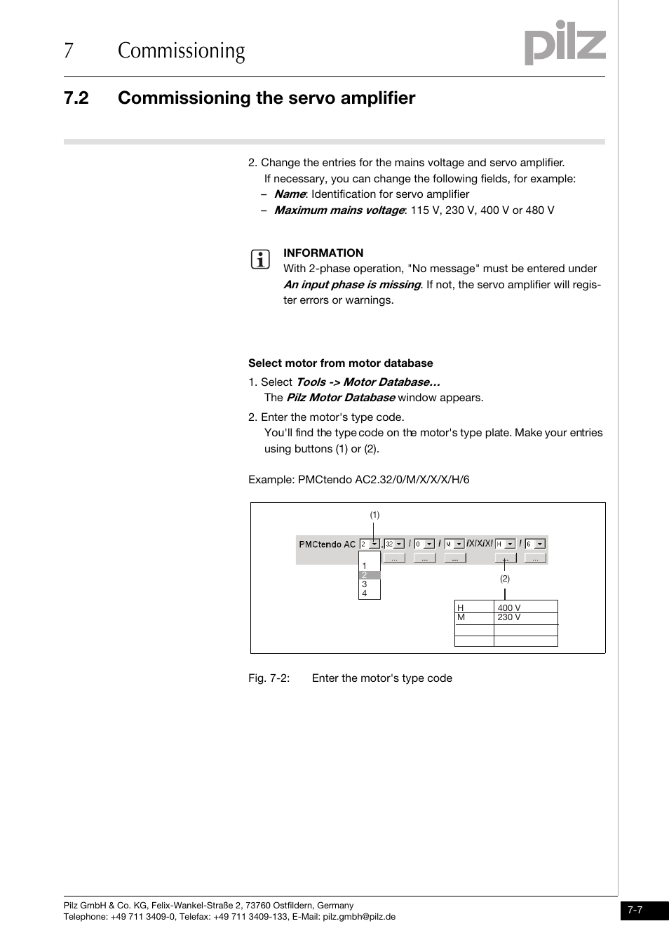 7commissioning, 2 commissioning the servo amplifier | Pilz PMCtendo DD5.03/000/0/0/0/110-230VAC User Manual | Page 163 / 209