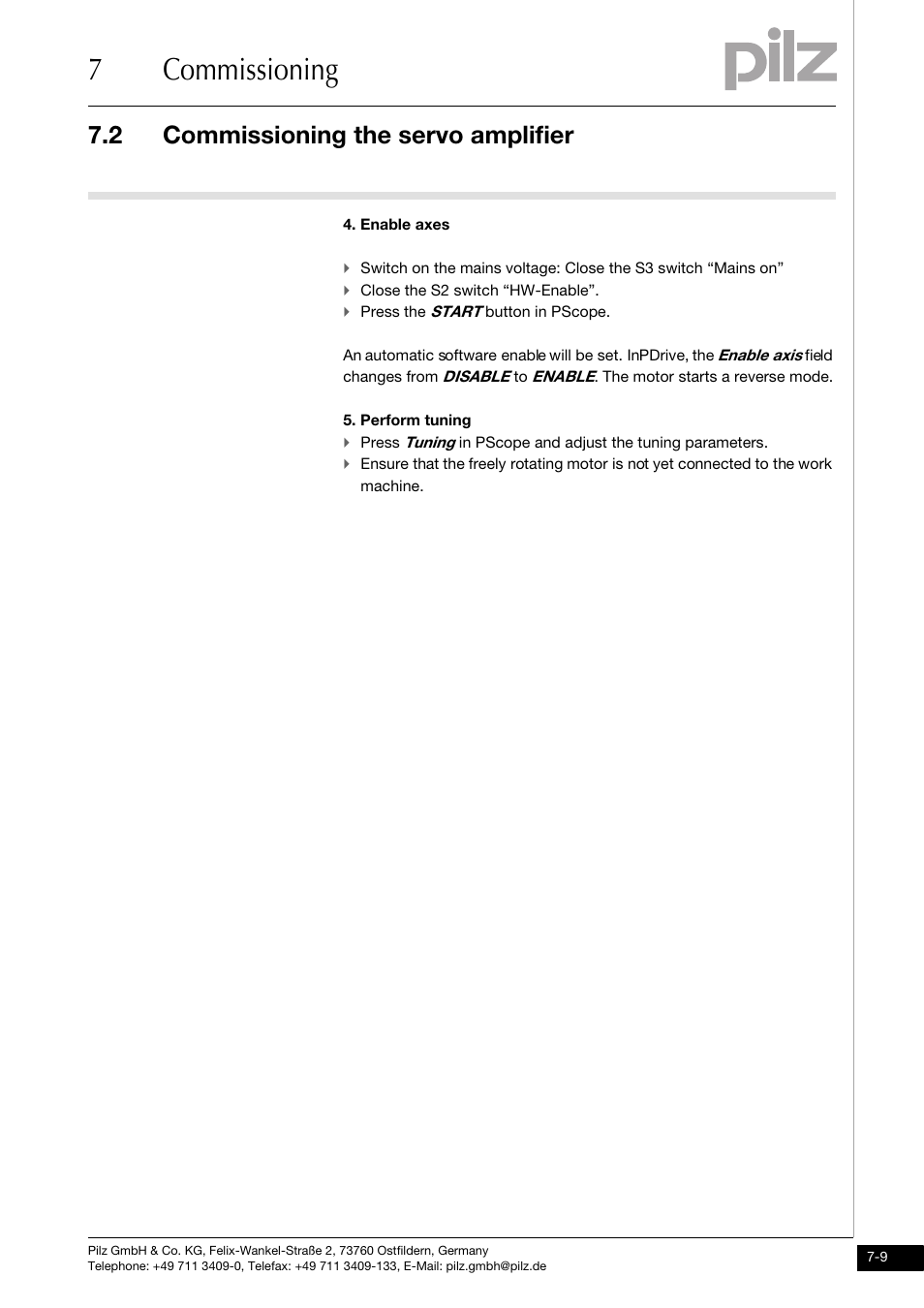 7commissioning, 2 commissioning the servo amplifier | Pilz PMCtendo DD5.03/000/0/0/0/110-230VAC User Manual | Page 165 / 209