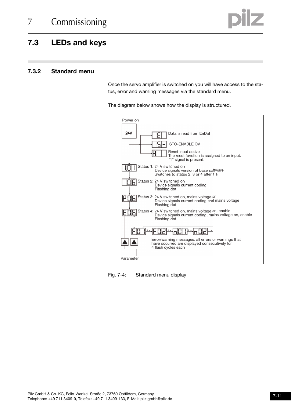 2 standard menu, 7commissioning, 3 leds and keys | Pilz PMCtendo DD5.03/000/0/0/0/110-230VAC User Manual | Page 167 / 209