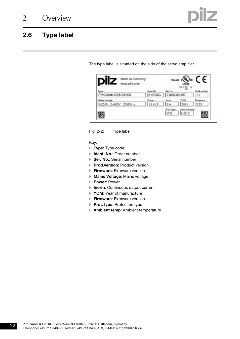 Type label, 2overview, 6 type label | Pilz PMCtendo DD5.03/000/0/0/0/110-230VAC User Manual | Page 18 / 209