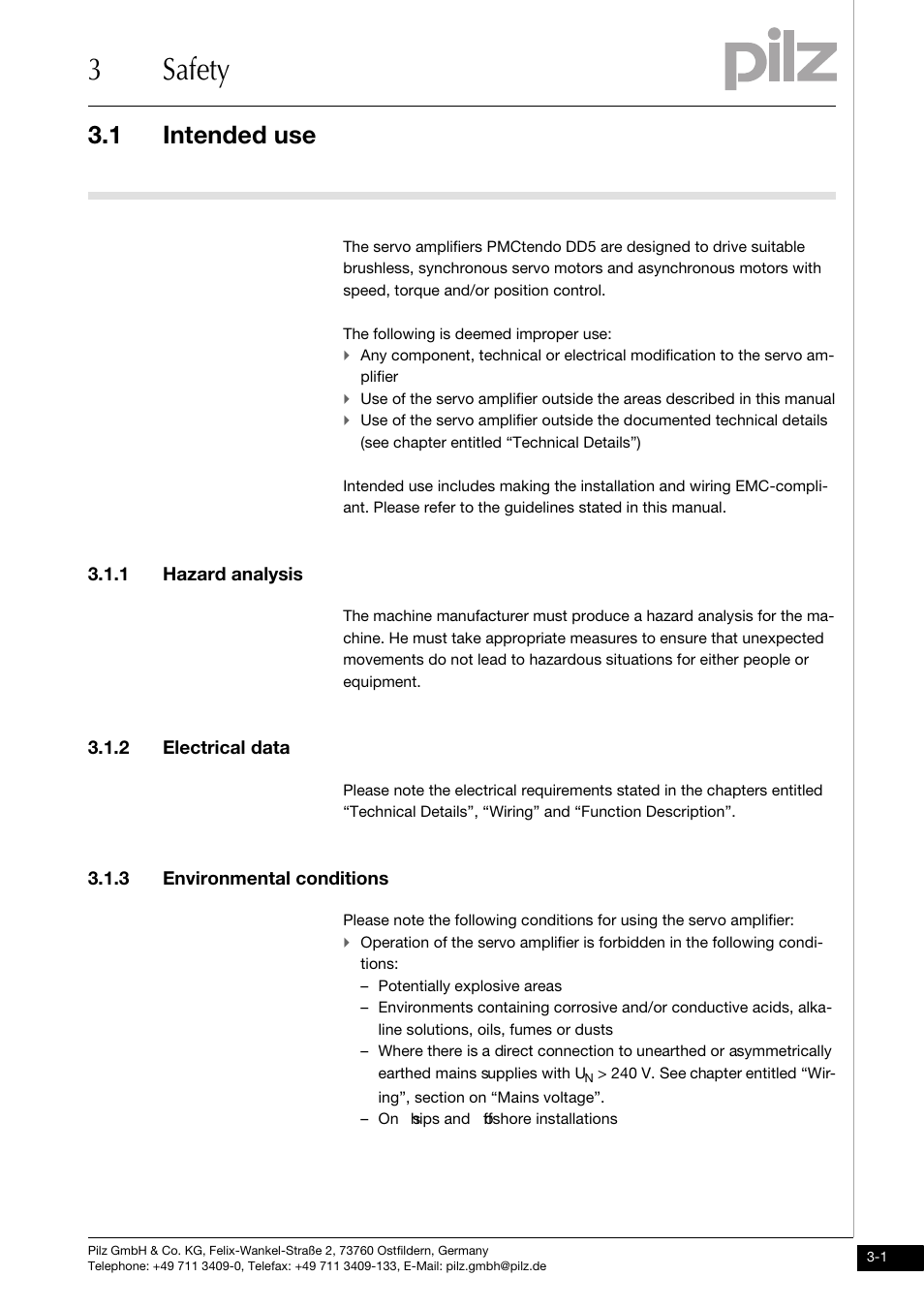 3 safety, Intended use, 1 hazard analysis | 2 electrical data, 3 environmental conditions, 3safety, 1 intended use | Pilz PMCtendo DD5.03/000/0/0/0/110-230VAC User Manual | Page 19 / 209