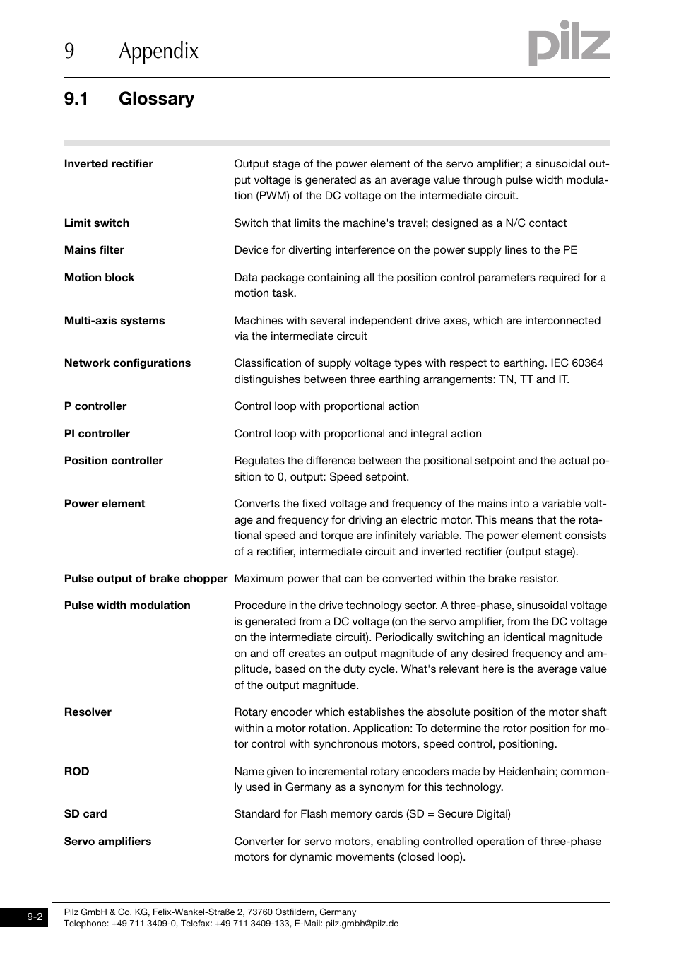9appendix, 1 glossary | Pilz PMCtendo DD5.03/000/0/0/0/110-230VAC User Manual | Page 192 / 209