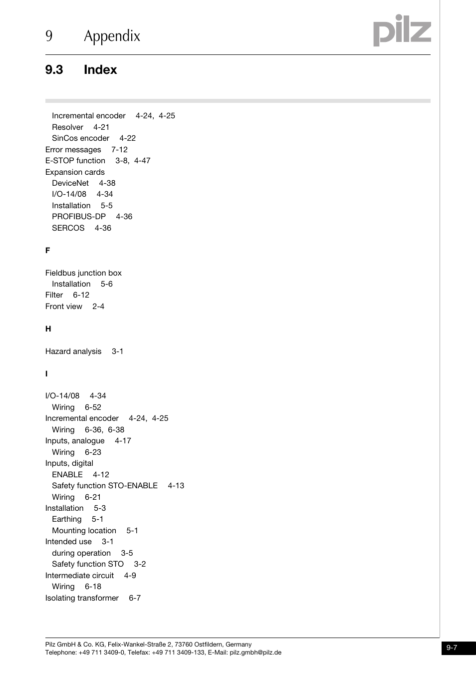 9appendix, 3 index | Pilz PMCtendo DD5.03/000/0/0/0/110-230VAC User Manual | Page 197 / 209