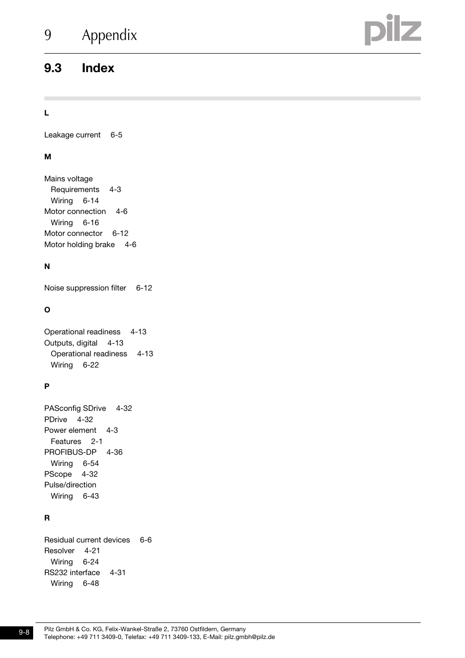 9appendix, 3 index | Pilz PMCtendo DD5.03/000/0/0/0/110-230VAC User Manual | Page 198 / 209