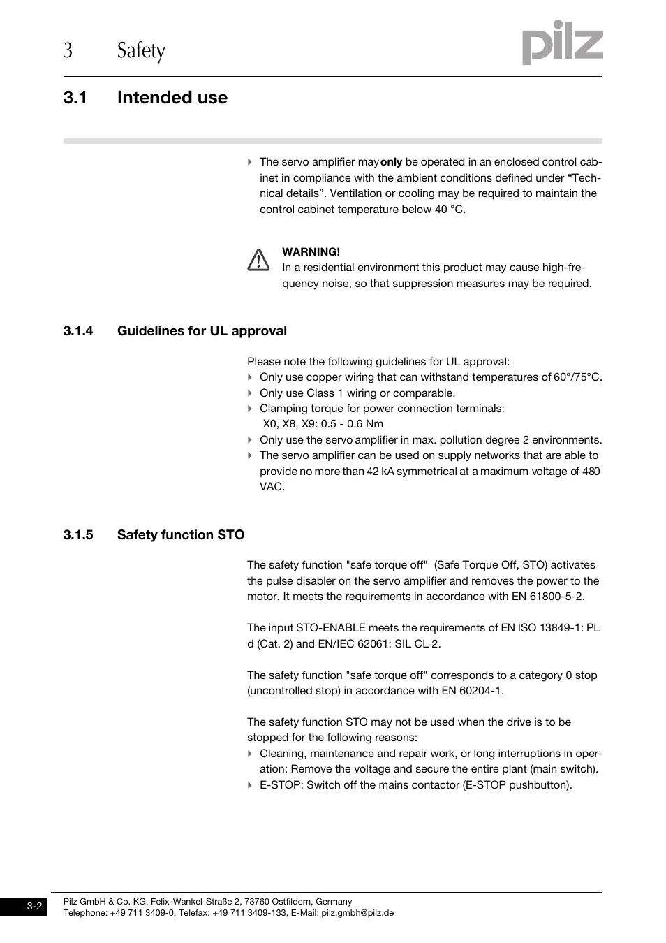 4 guidelines for ul approval, 5 safety function sto, 3safety | 1 intended use | Pilz PMCtendo DD5.03/000/0/0/0/110-230VAC User Manual | Page 20 / 209