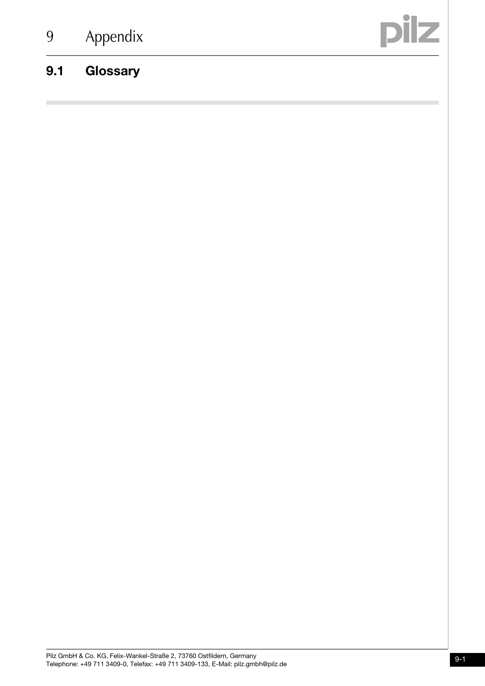 9appendix, 1 glossary | Pilz PMCtendo DD5.03/000/0/0/0/110-230VAC User Manual | Page 201 / 209