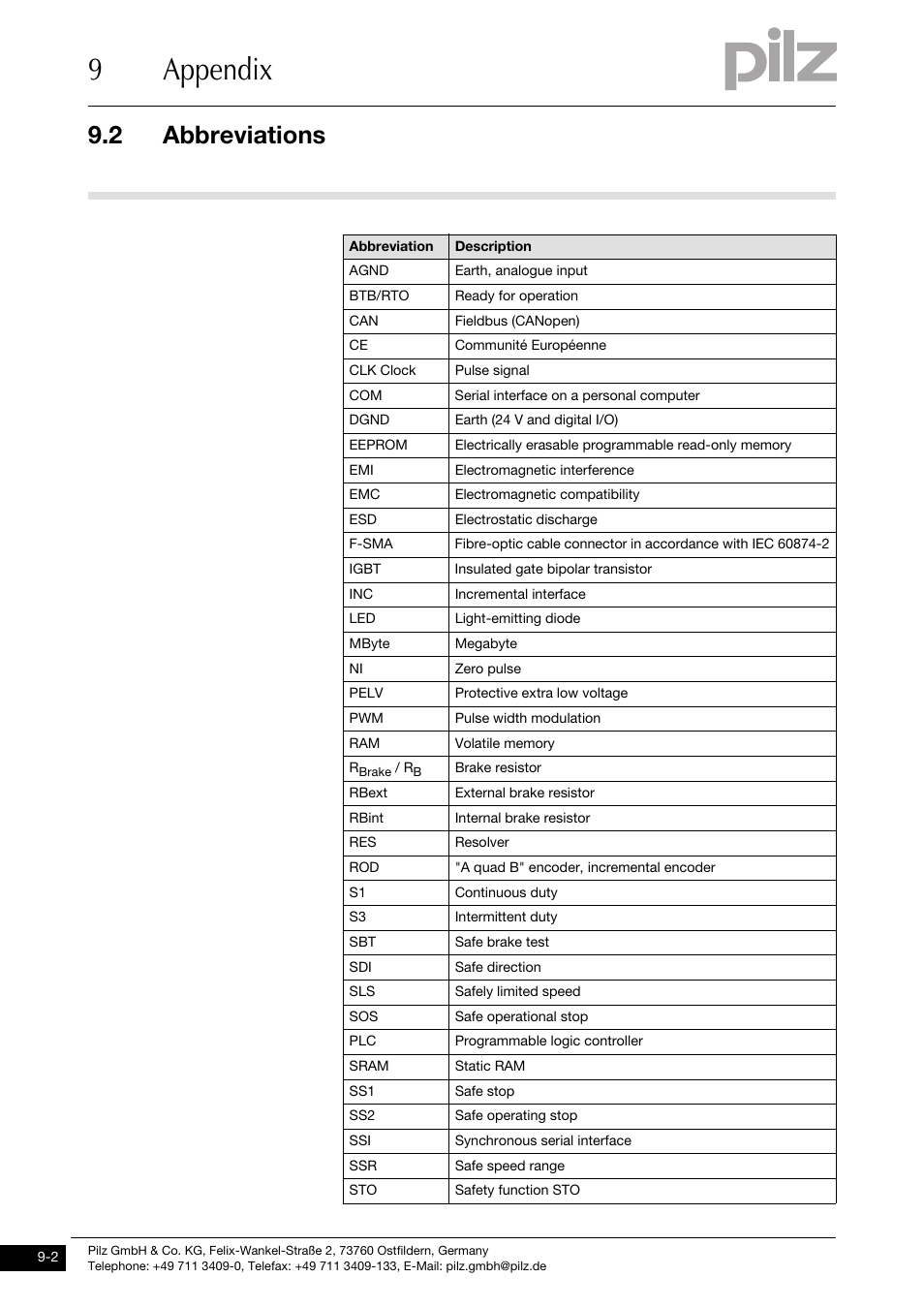 9appendix, 2 abbreviations | Pilz PMCtendo DD5.03/000/0/0/0/110-230VAC User Manual | Page 202 / 209
