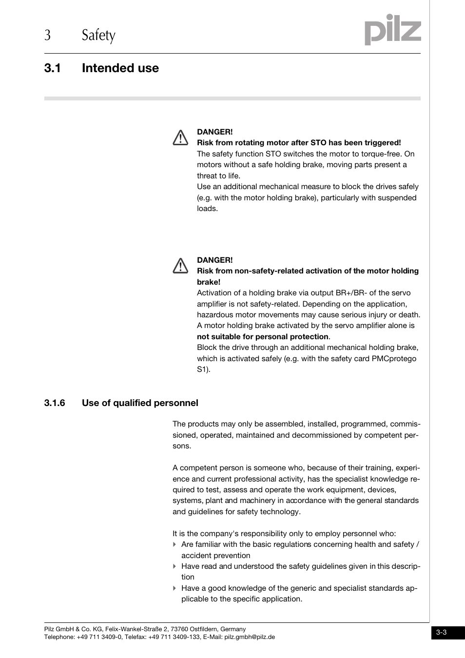 6 use of qualified personnel, 3safety, 1 intended use | Pilz PMCtendo DD5.03/000/0/0/0/110-230VAC User Manual | Page 21 / 209